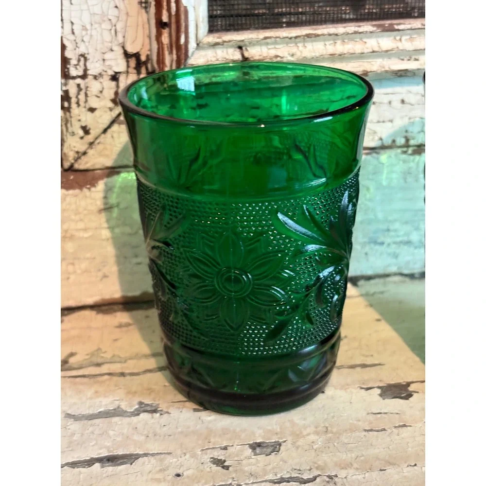 Vintage Emerald Green Indiana Glass Tumblers Floral Juice Glasses Set of 2 4in